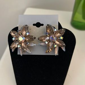 Tan with Gold A/B Crystal Clip Earrings